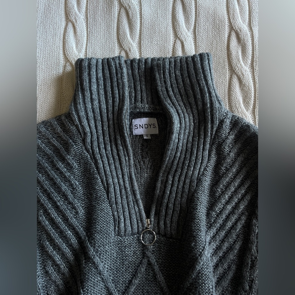 SYNDYS x REVOLVE JAX CHARCOAL GREY HALF ZIP CANLE KNIT SHAWL COLLAR SWEATER ZARA - Picture 3 of 7